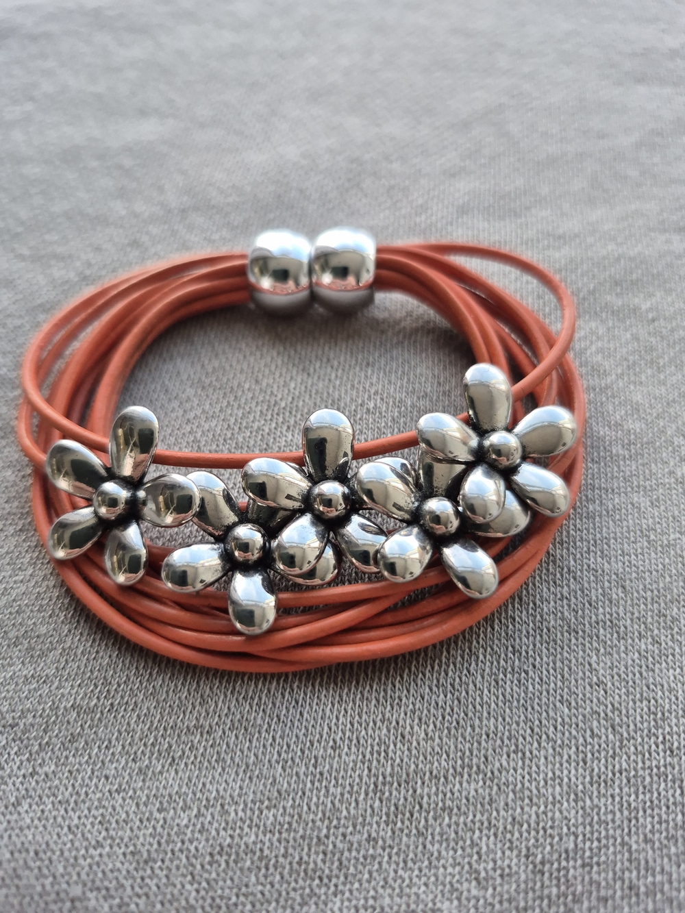 Floral Multi-Strand Orange Leather Bracelet with Silver Flowers